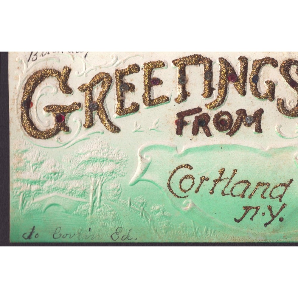 Vintage Greetings from Cortland NY Embossed Postcard Glitter Jeweled New York - Picture 1 of 2